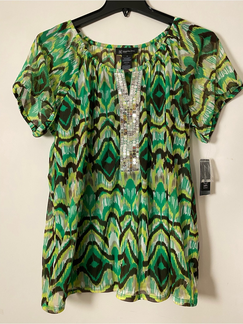 INC International Concepts Green Patterned Sequin-Trim Short-Sleeve Mesh Top